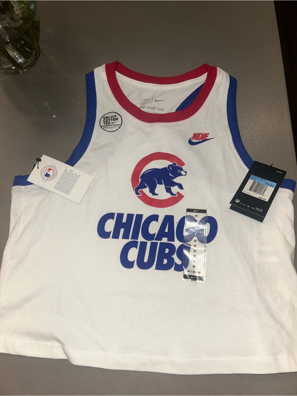 Nike White Chicago Cubs Tank with Blue Logo and Red Trim
